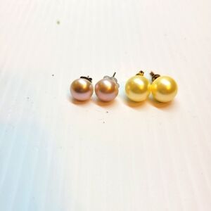 Lot of 10mm champagne and pink pearl stud earrings sterling silver 925